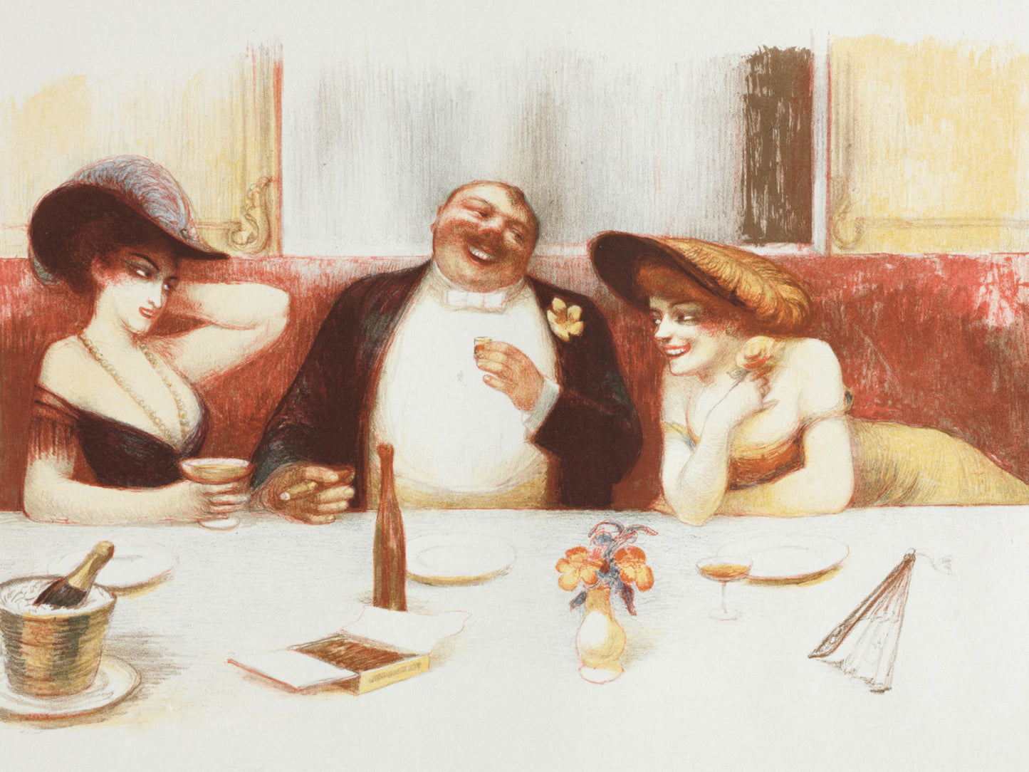 Artistic depiction of a man in formal attire sitting between two women in a restaurant setting.