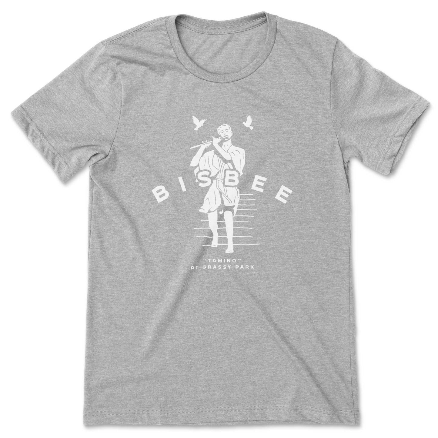 Gray shirt depicting the Tamino statue with birds in Bisbee's Grassy Park