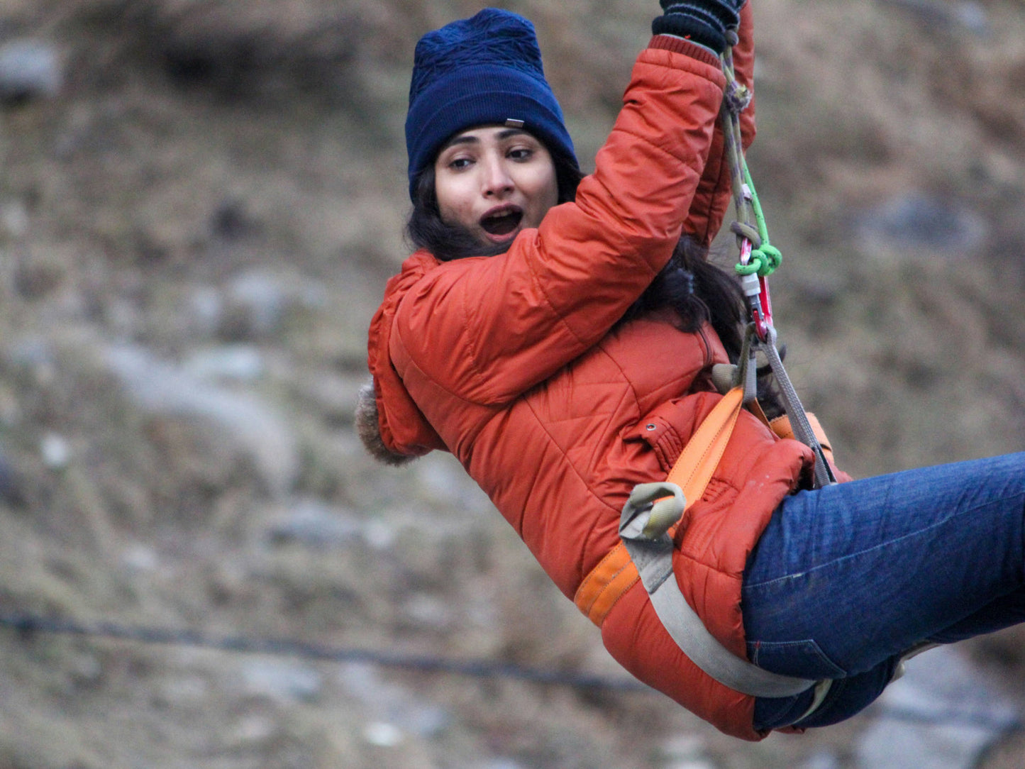 Woman ziplining