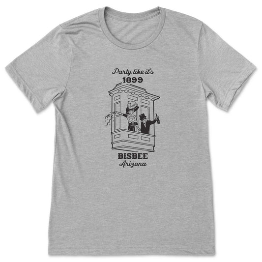 Gray t-shirt featuring two historical figures partying in the window of the Letson Building in Bisbee, Arizona