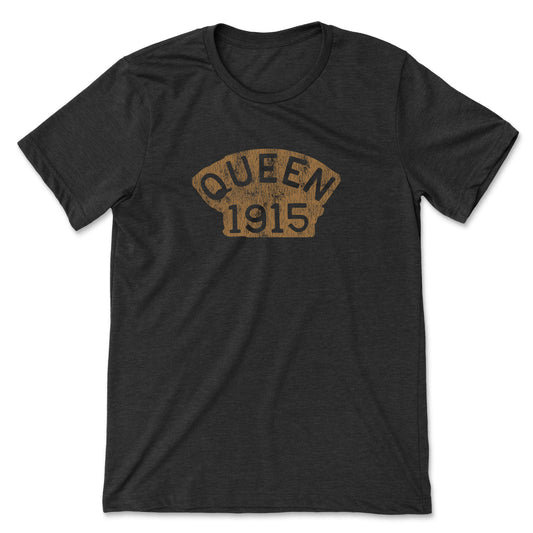 Black t-shirt depicting a plaque found at the Copper Queen Mine that reads, "Queen 1915"