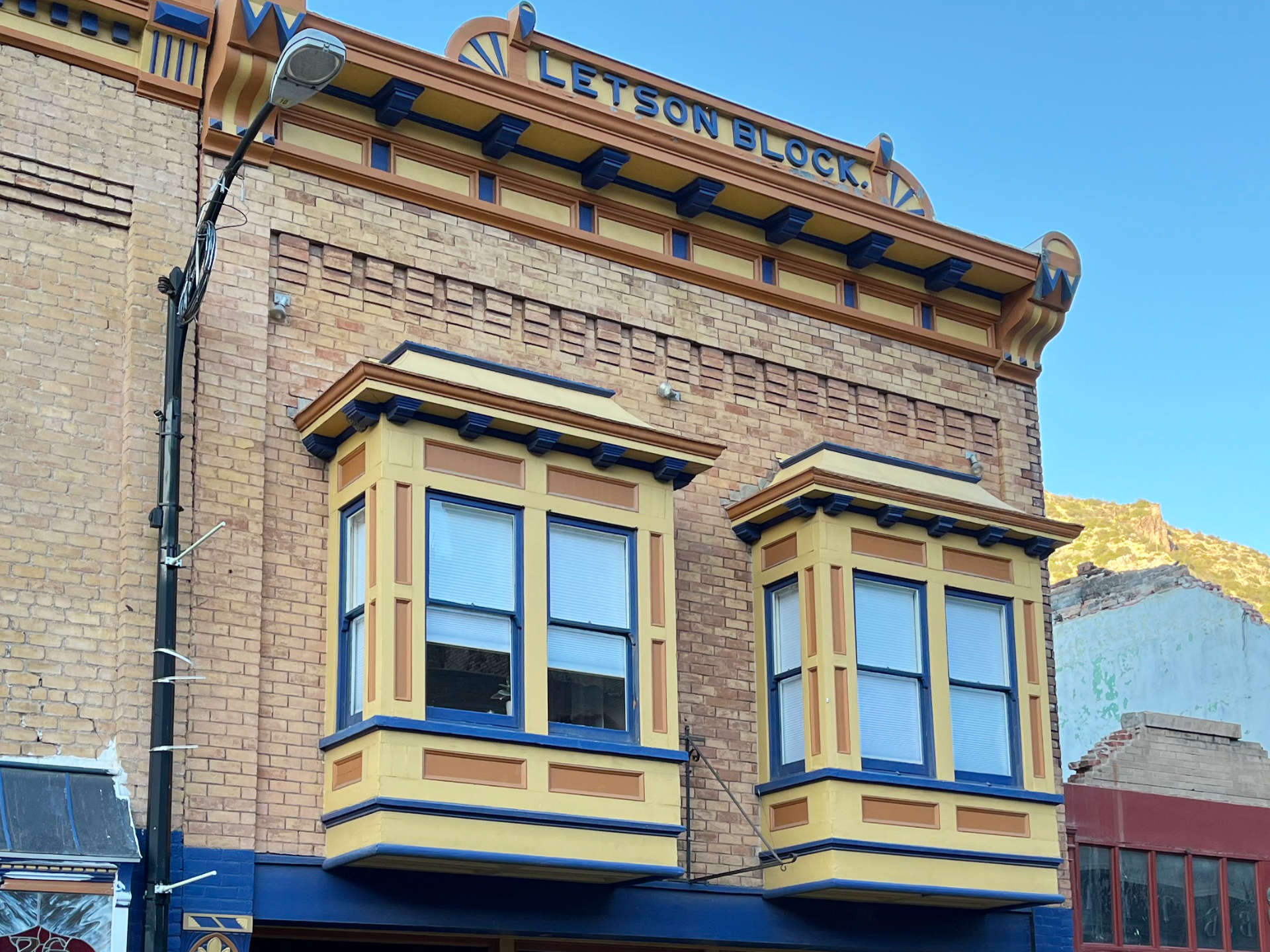 Detail of windows of Letson Block in Bisbee, Arizona