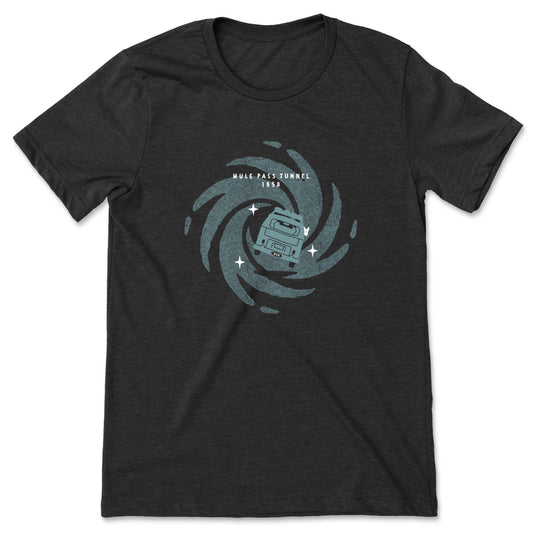 Black t-shirt depicting a VW bus entering a vortex