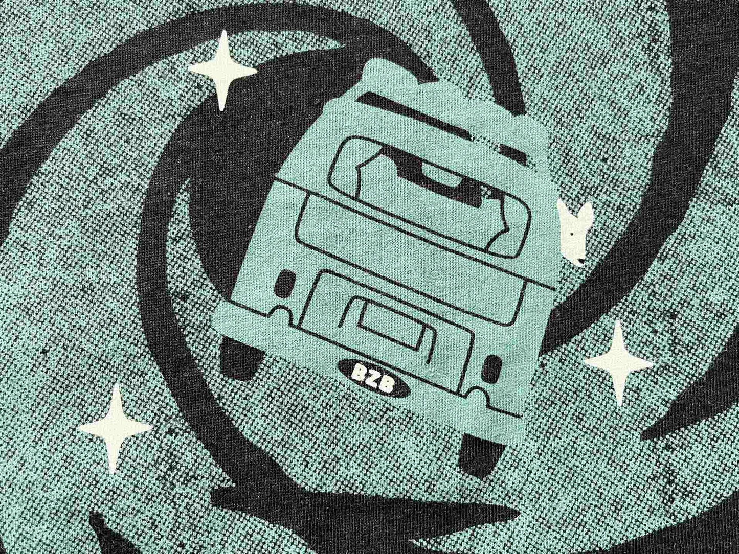 Detail image of VW bus entering a spiraling vortex on a Bisbee Arizona t-shirt
