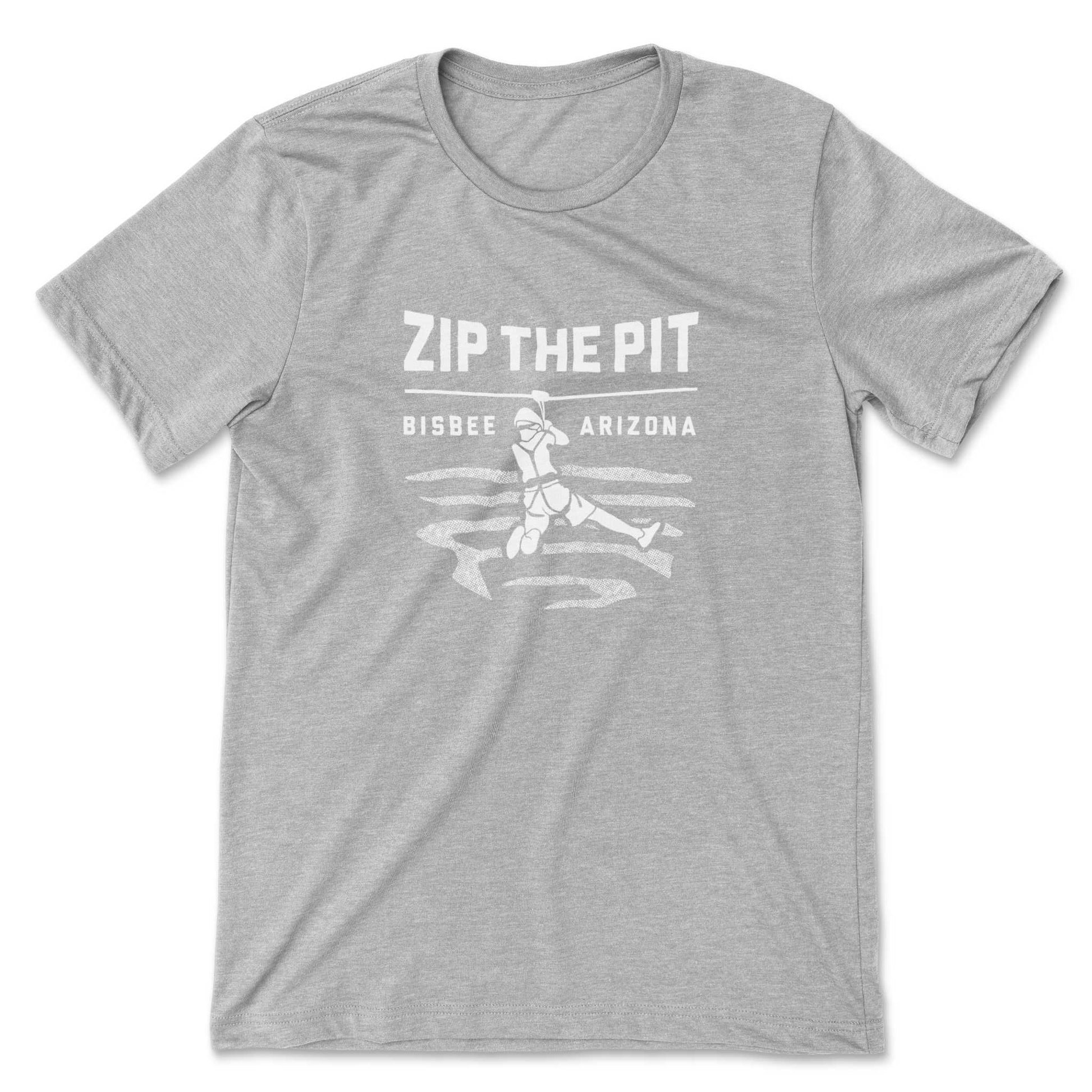 Gray t-shirt featuring a person zip-lining over the Lavender Pit in Bisbee, Arizona