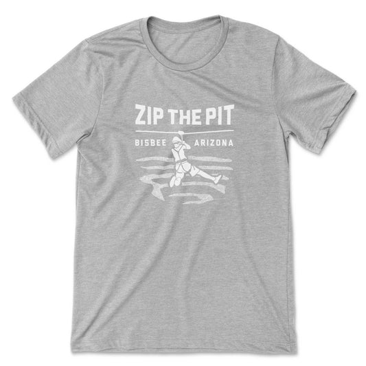 Gray t-shirt featuring a person zip-lining over the Lavender Pit in Bisbee, Arizona